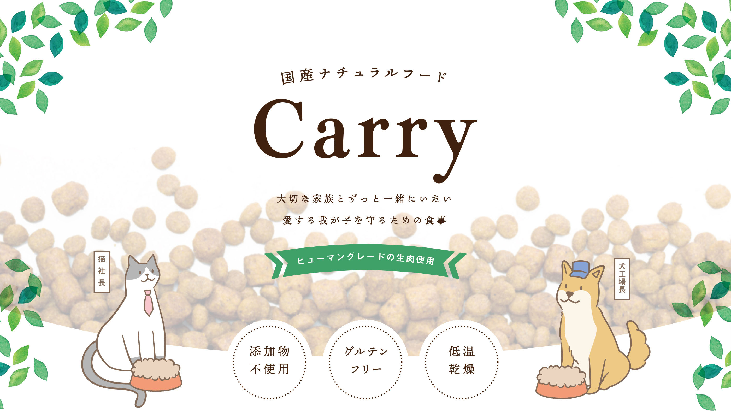 国産ナチュラルフード Carry。大切な家族とずっと一緒にいたい愛する我が子を守るための食事。ヒューマングレードの生肉使用。添加物不使⽤。グルテンフリー。低温乾燥